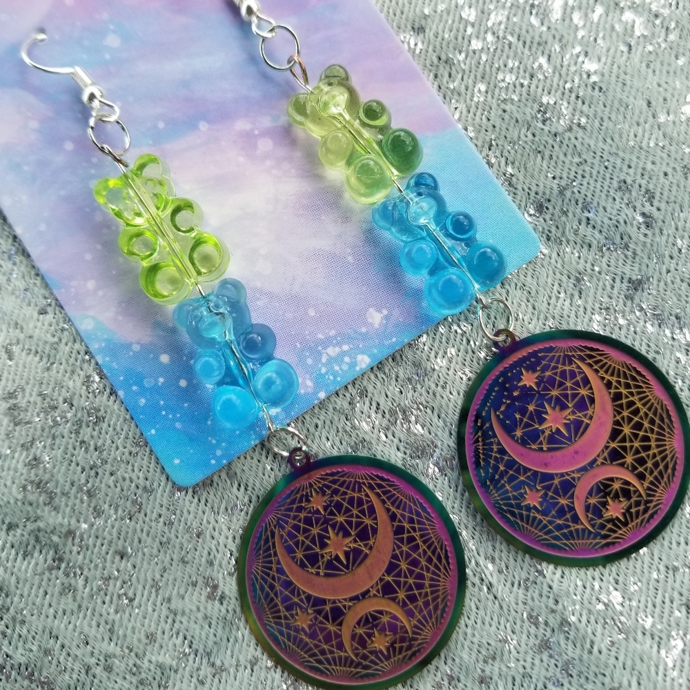 Moon gummy bear earrings beaded dangles